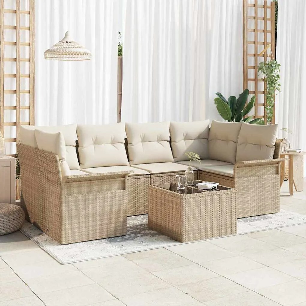 vidaXL Conjunto de Sofá de Jardim 7 Peças com Almofadas Beje em Rattan Sintético