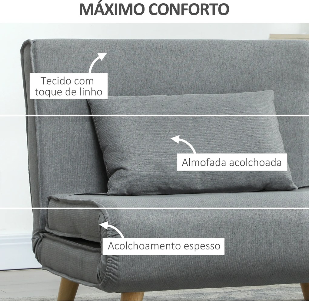 Poltrona 2 em 1 Sofá Cama Individual Dobrável com Encosto Ajustável e Almofada Carga 125 kg 90x78x79 cm Cinza