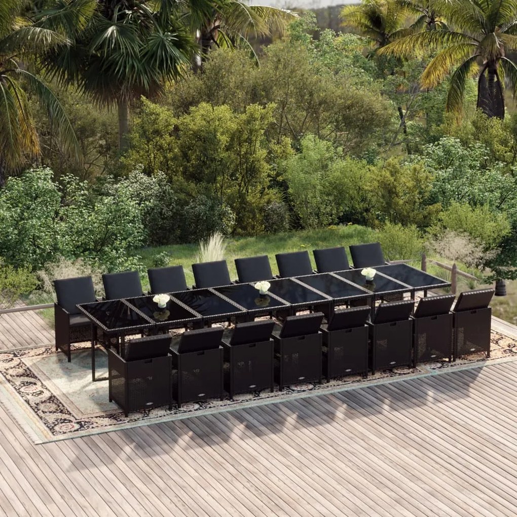vidaXL 17 pcs conjunto de jantar p/ jardim c/ almofadões vime PE preto