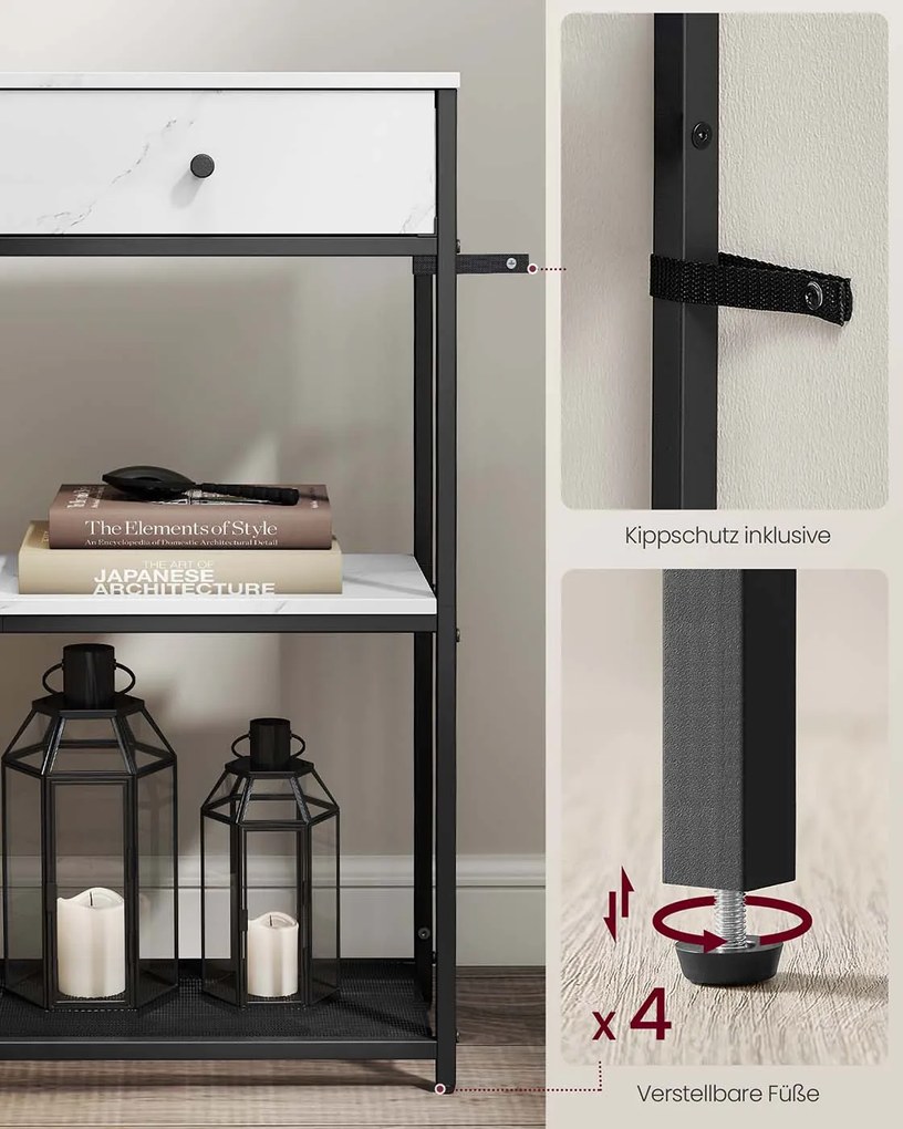 Mesa consola estreita com duas gavetas em tecido 24 x 76 x 80 cm Branco + Preto