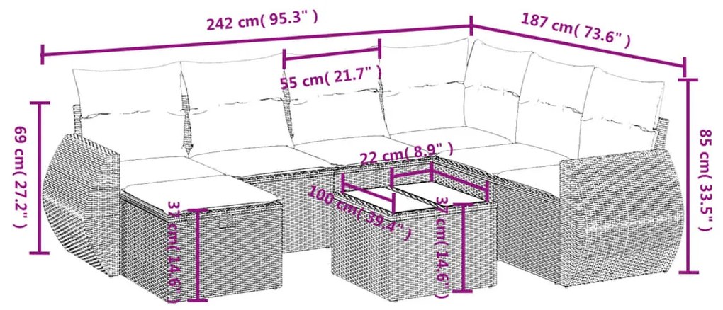 8 pcs conjunto sofás de jardim com almofadões vime PE preto