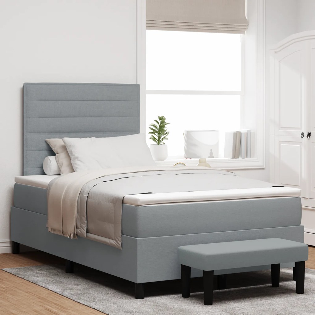 vidaXL Cama Box com Colchão &amp; Banco Cinza Claro 120x200 cm Tecido