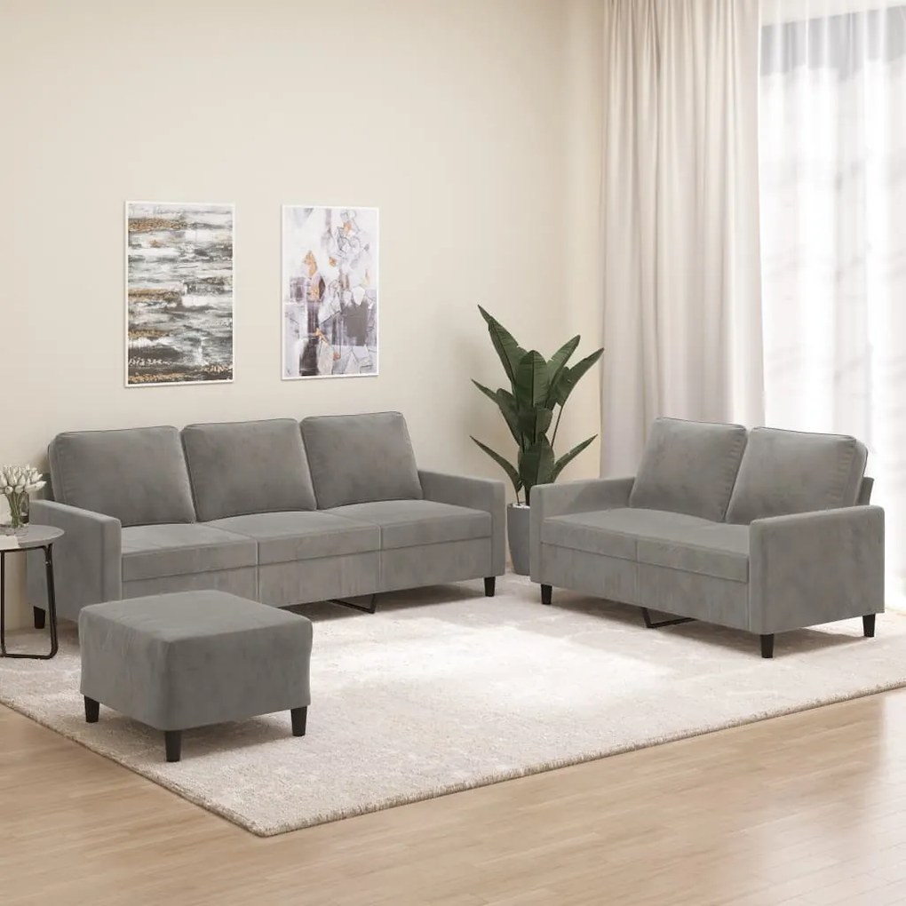 3153851 vidaXL 3 pcs conjunto de sofás com almofadões veludo cinzento-claro