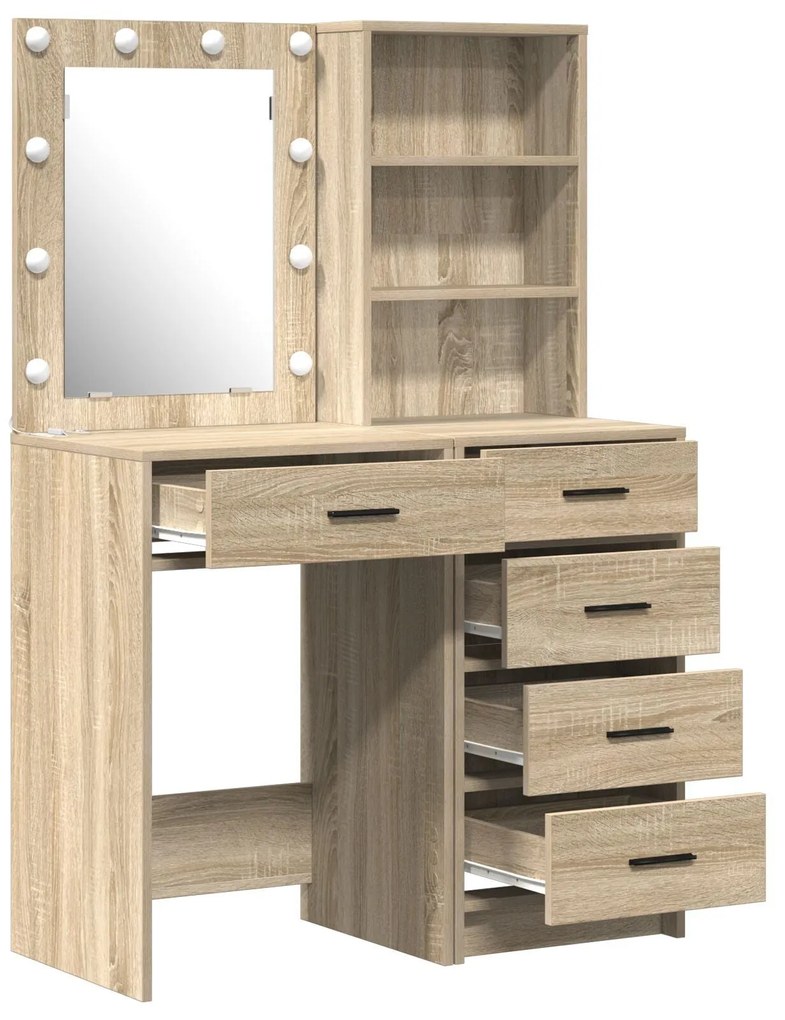 Conjunto de Mesa de Maquilhagem de 2 Peças com LED em Madeira de Carva