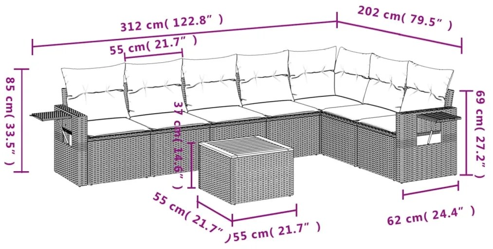 8 pcs conjunto sofás de jardim c/ almofadões vime PE cinzento