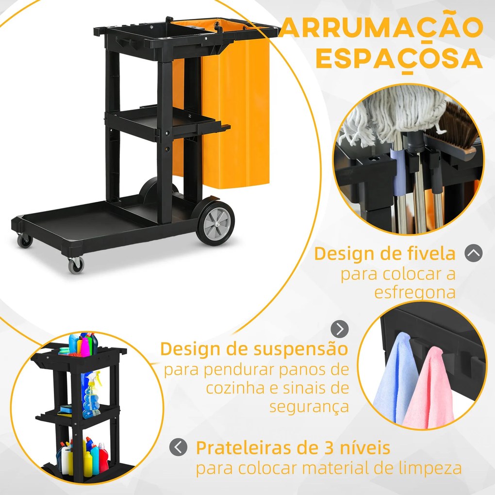 Carro de Limpeza com Bolsa Carrinho de Limpeza com Rodas e 3 Prateleir