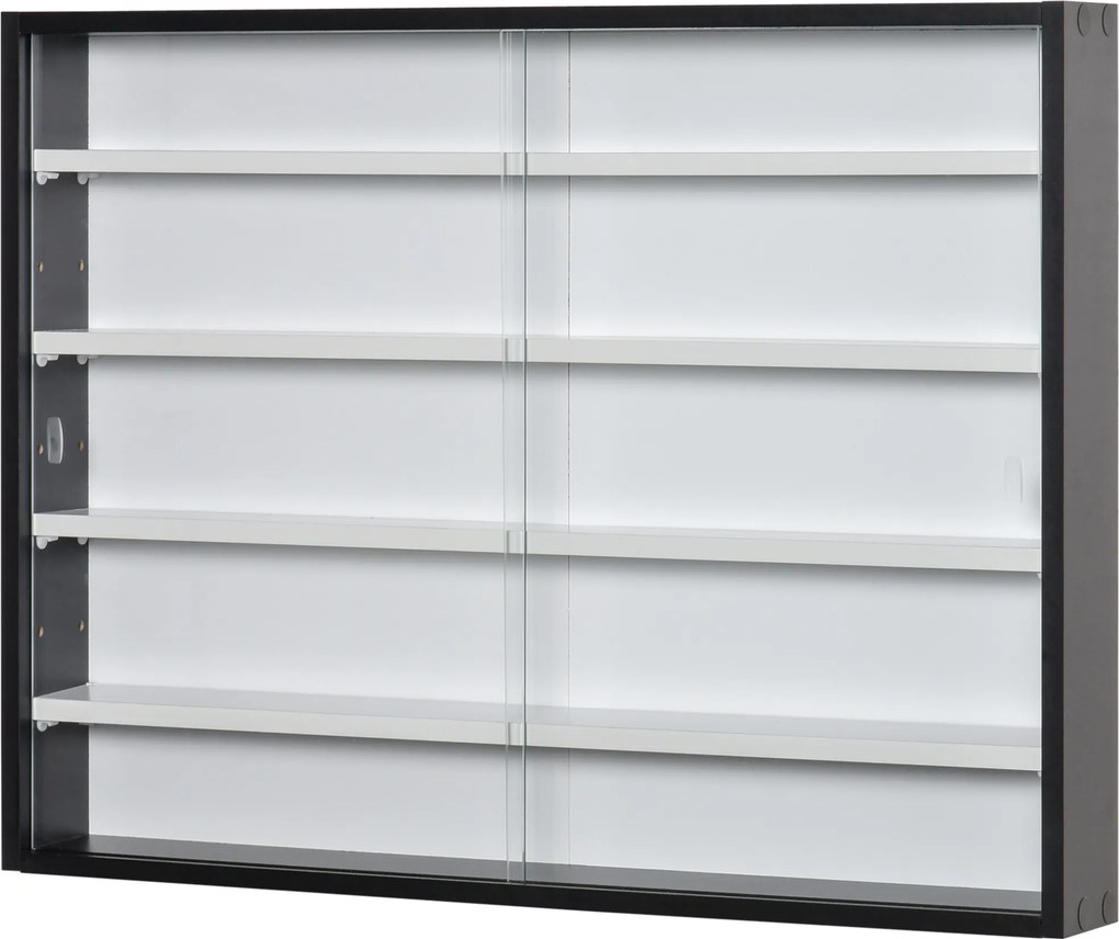 Vitrine de Parede de Madeira com Prateleiras Ajustáveis e 2 Portas Corredeiras de Vidro para Coleções Perfumes Bonecos de Decoração 80x9,5x60cm Preto