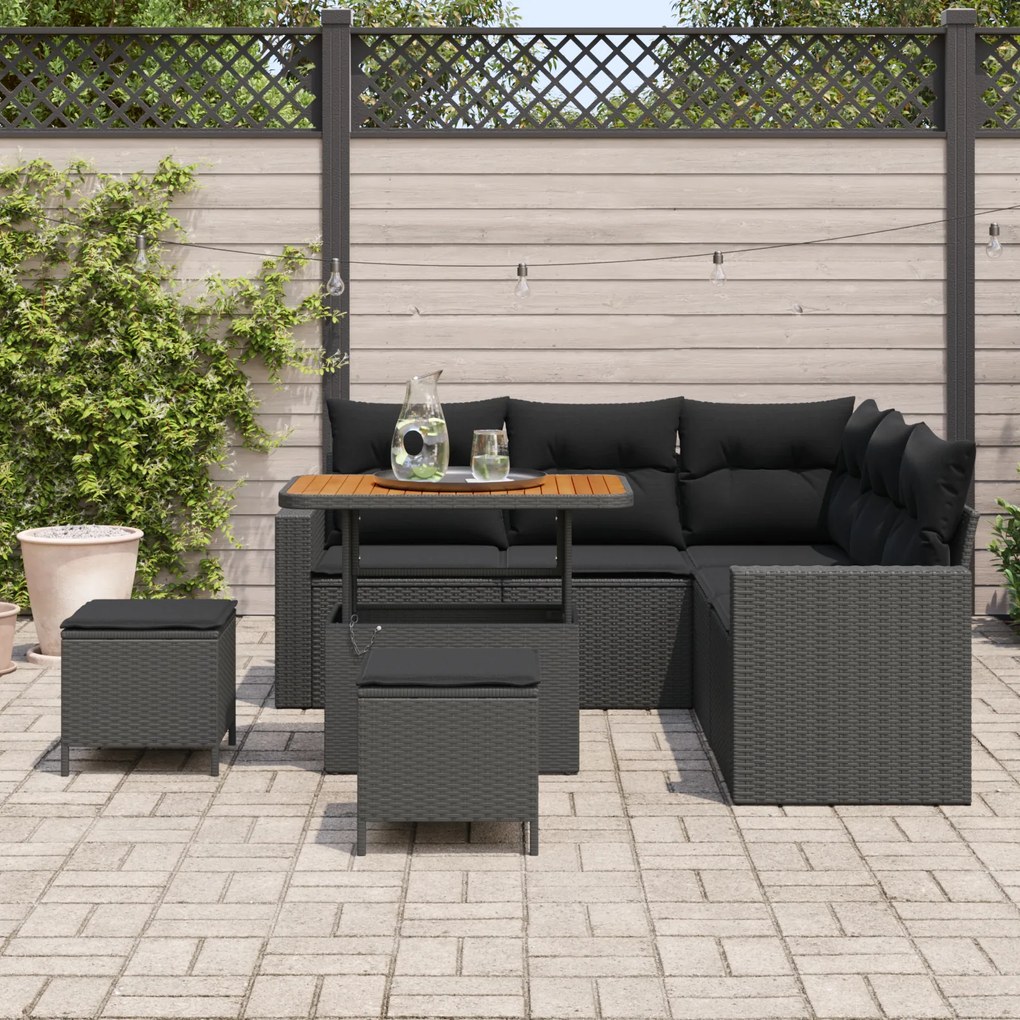 Conjunto de Sofá de Jardim de 8 Peças com Almofadas em Rattan Preto e