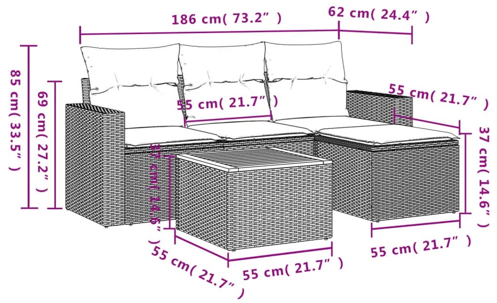 5 pcs conjunto sofás de jardim c/ almofadões vime PE cinzento