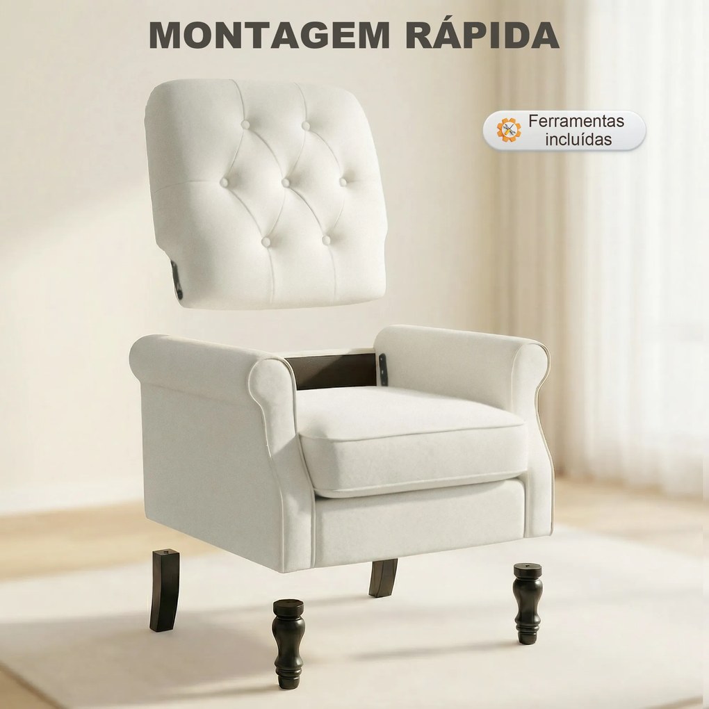 Sofá Individual Estofado em Linho Assento Acolchoado Espesso Encosto Capitonê Pés de Madeira Maciça Creme