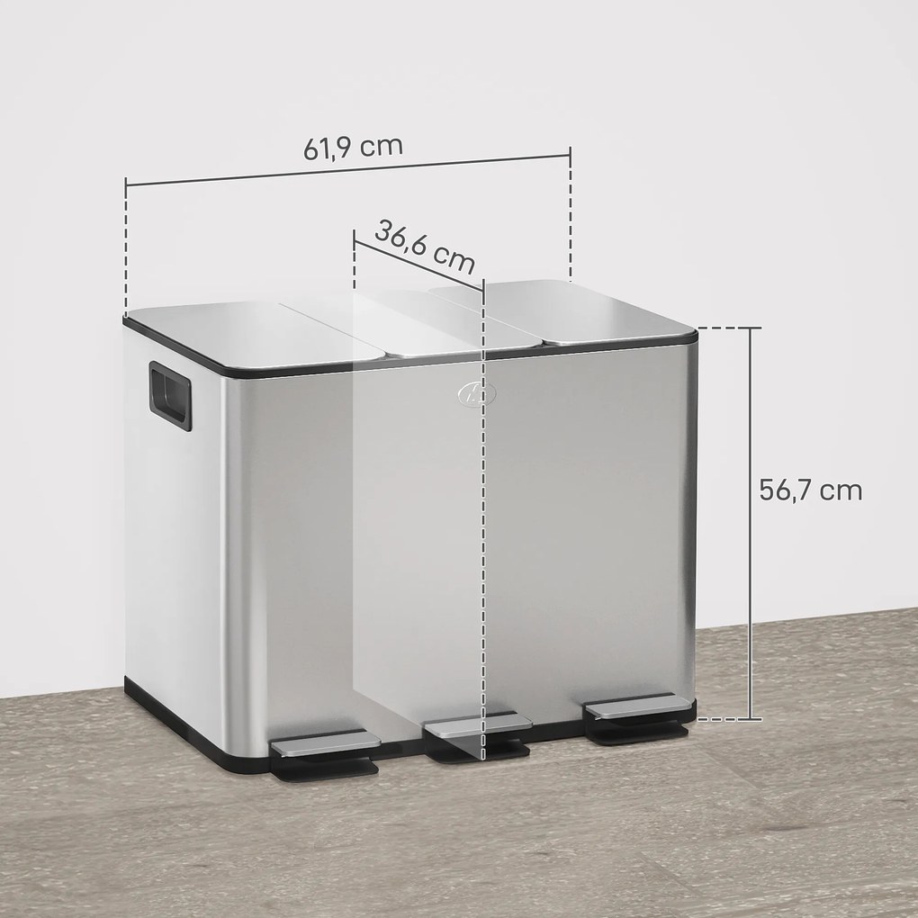 Caixote do lixo de cozinha, caixote do lixo para reciclagem, 3 compartimentos de 20 L, baldes interiores removíveis, 61,9 x 36,6 x 56,7 cm, prateado