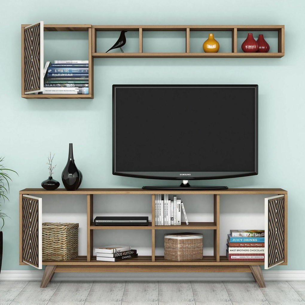 Conjunto de Mobiliário de Sala de Estar Inci – Nogueira e Creme – TV: