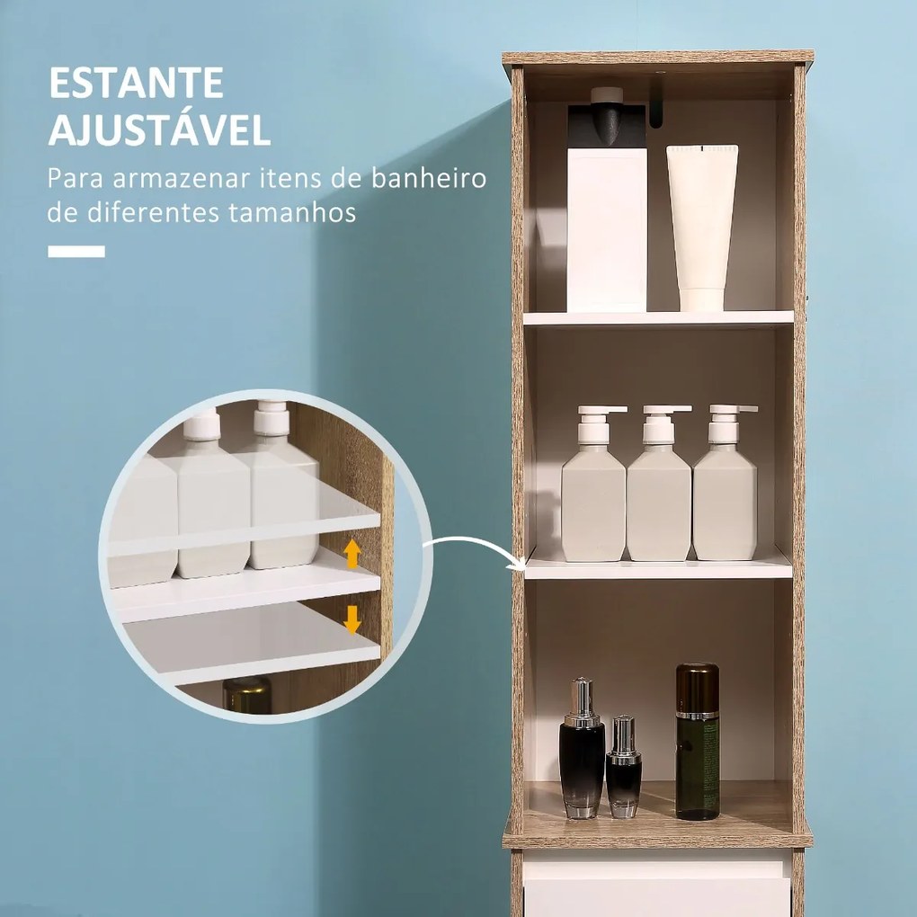 Armário de banheiro alto com 1 porta gaveta e 3 estantes Prateleira ajustável para sala de estar de cozinha 32,6x30x171,2 cm Madeira natural e branco