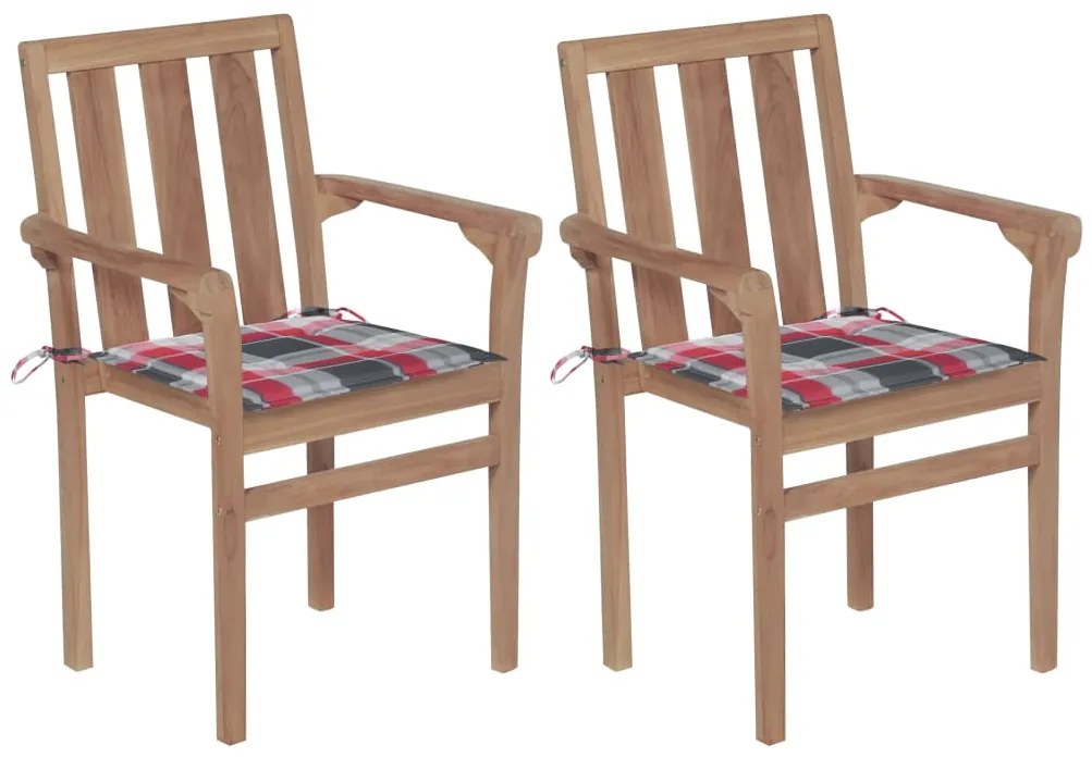 vidaXL Cadeiras jardim c/ almofadões xadrez vermelho 2 pcs teca maciça