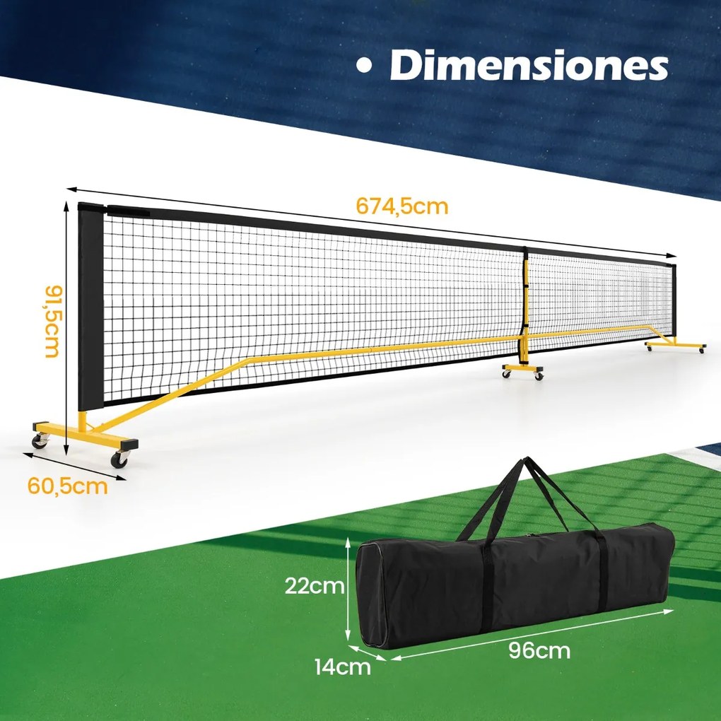 Rede de Pickleball Portátil Sistema de Rede de Pickleball com dimensões regulamentares de 674,5 cm, com 6 rodas bloqueáveis e estrutura metálica Preto