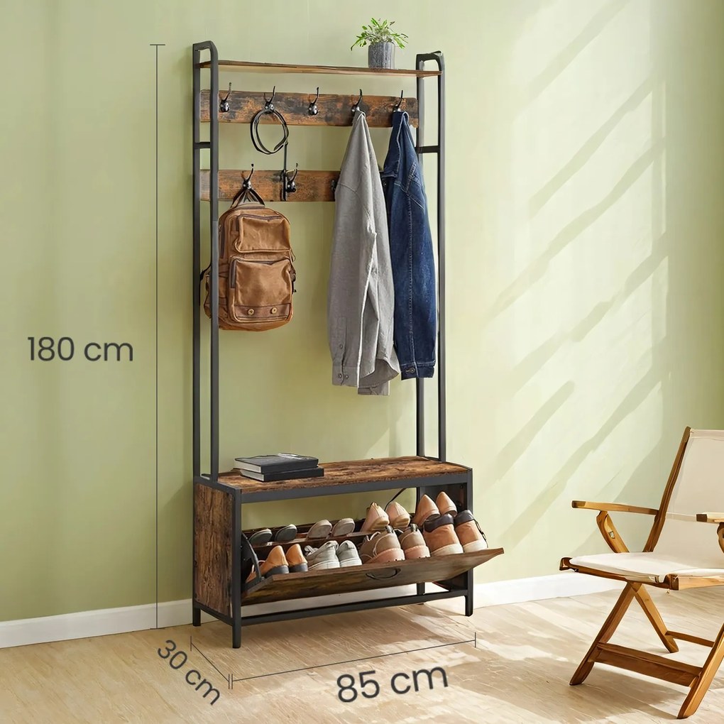 Móvel entrada, Hall com Cabideiro e sapateira 30 x 85 x 180 cm (P x L x A) castanho vintage-preto