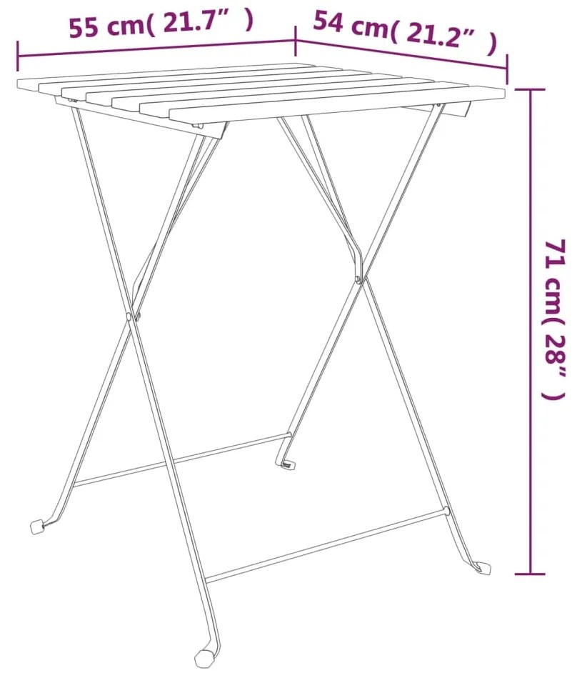 3 pcs conjunto de bistrô dobrável madeira de acácia maciça/aço