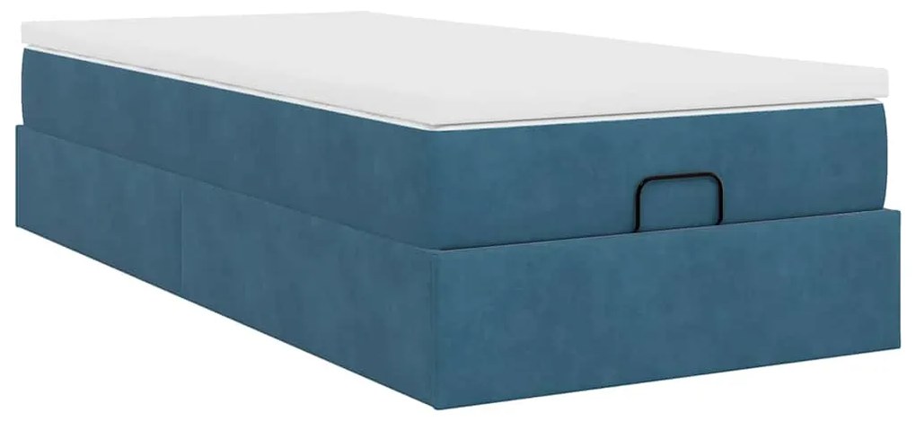 Estrutura cama otomana com colchão azul escuro 90x190cm veludo