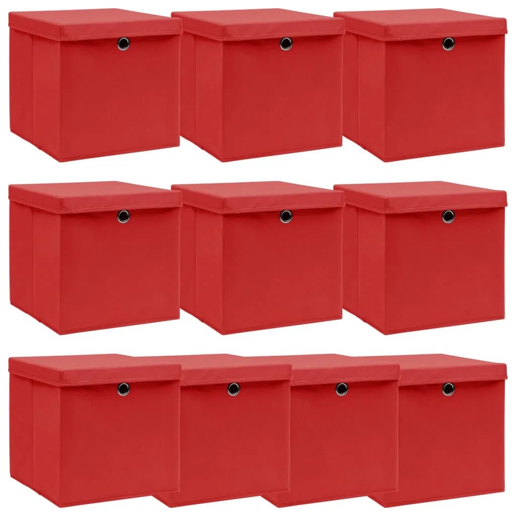 288364 vidaXL Caixas de arrumação com tampas 10pcs 32x32x32cm tecido vermelho