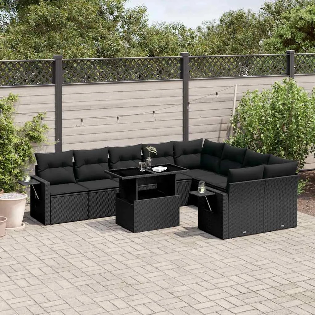 10 pcs conjunto sofás de jardim c/ almofadões vime PE preto