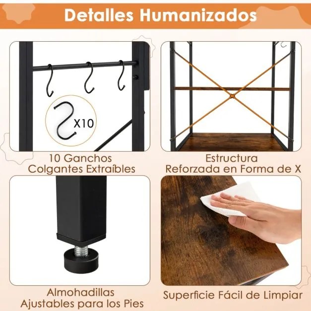 Estante de cozinha com encaixe micro-ondas Com 2 tomadas com prateleiras abertas Ganchos 60 x 42 x 153 cm Castanho