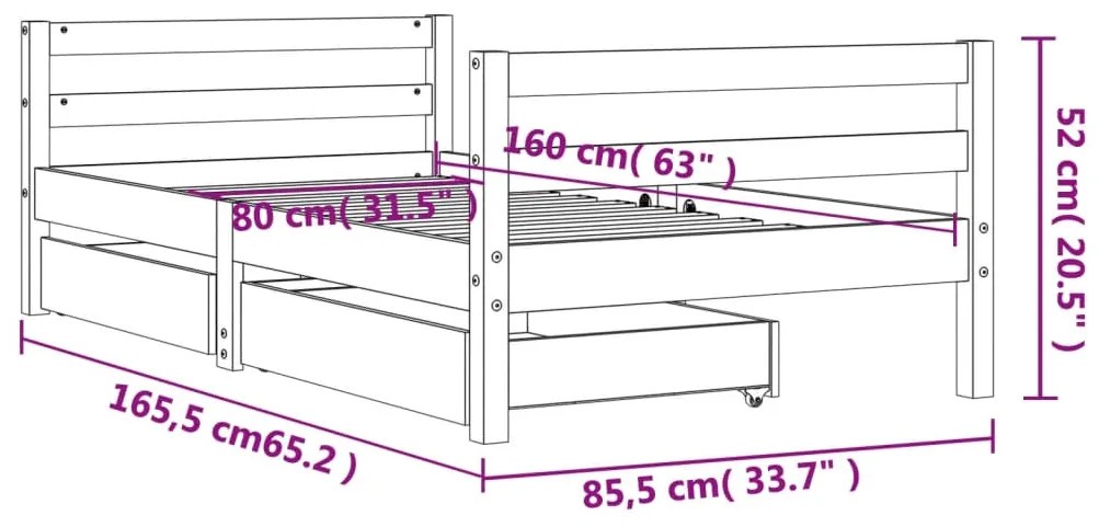 Estrutura cama infantil c/ gavetas 80x160 cm pinho maciço preto