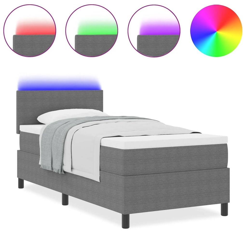 Cama Box Spring com Colchão e Luz LED Cinza 90x200 cm Tecido Cotelê