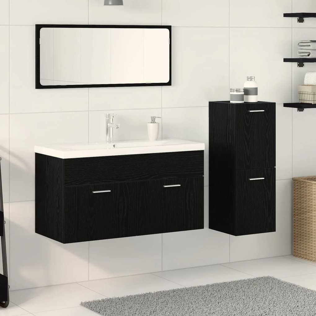 Conjunto de Móveis de Casa de Banho de 4 Peças Carvalho Preto Madeira