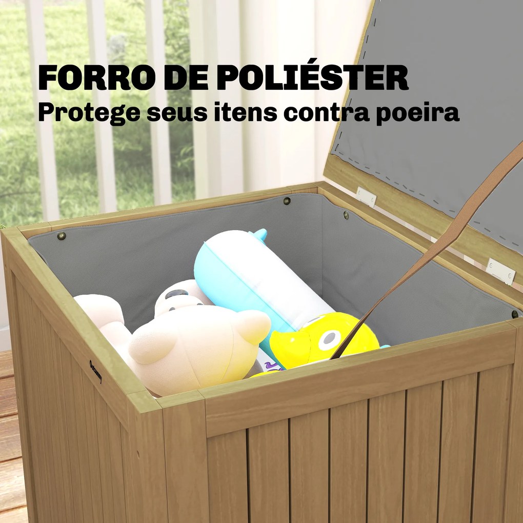 Baú de Exterior em Madeira 130L Arca de Armazenamento com Forro Tampa Articulada e Correia 63x51x58,5 cm Castanho