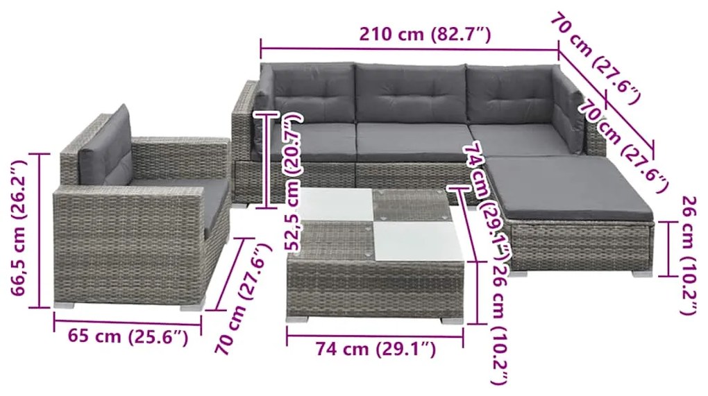 6 pcs conjunto lounge de jardim c/ almofadões vime PE cinzento