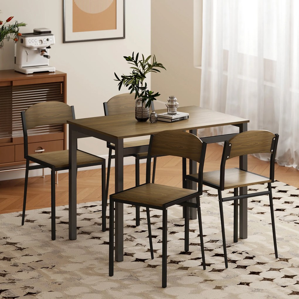Conjunto de Mesa e Cadeiras de Refeição Mesa de Cozinha Retangular com 4 Cadeiras Estilo Moderno Castanho Escuro e Preto
