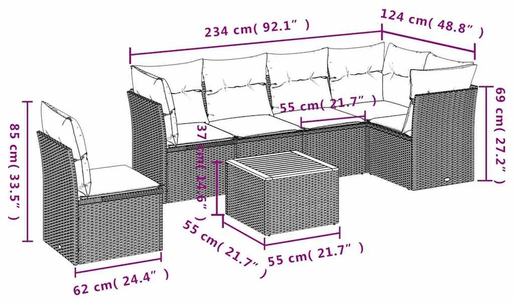 7 pcs conjunto de sofás p/ jardim c/ almofadões vime PE preto