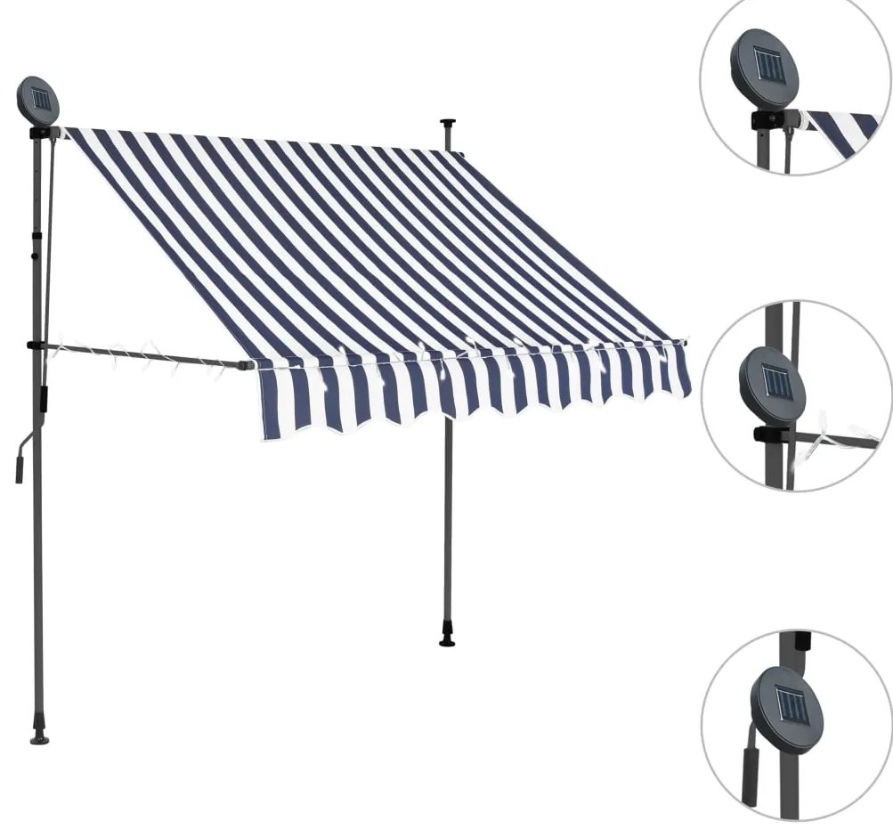 Toldo retrátil manual com LED 150 cm azul e branco