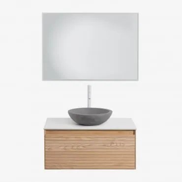Conjunto De Móveis De Banheiro Em Madeira Tedrik Ash Castanho Fresno & Cimento Cinzento Redondo Ø40 Cm Tarsis & Led Retangular - Sklum