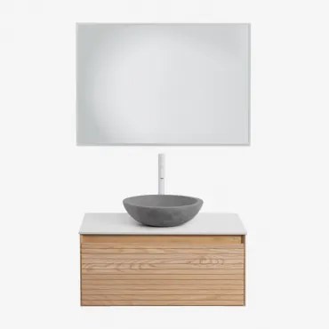 Conjunto De Móvel De Casa De Banho Suspenso Em Madeira De Freixo Tedrik Castanho Fresno & Cimento Cinzento Redondo Ø40 Cm Tarsis & Led - Sklum