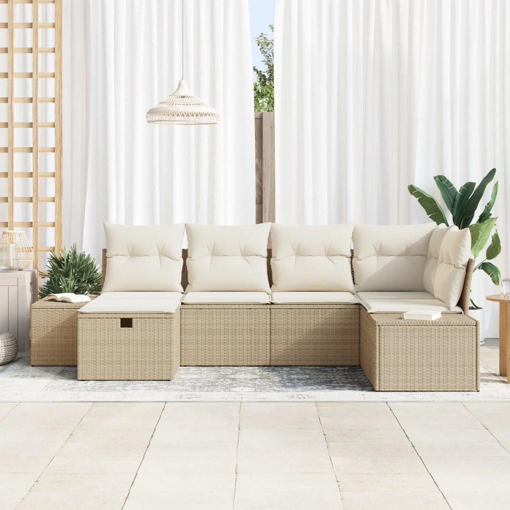 Conjunto de Sofá de Jardim de 6 Peças com Almofadas Bege de Rattan Pol