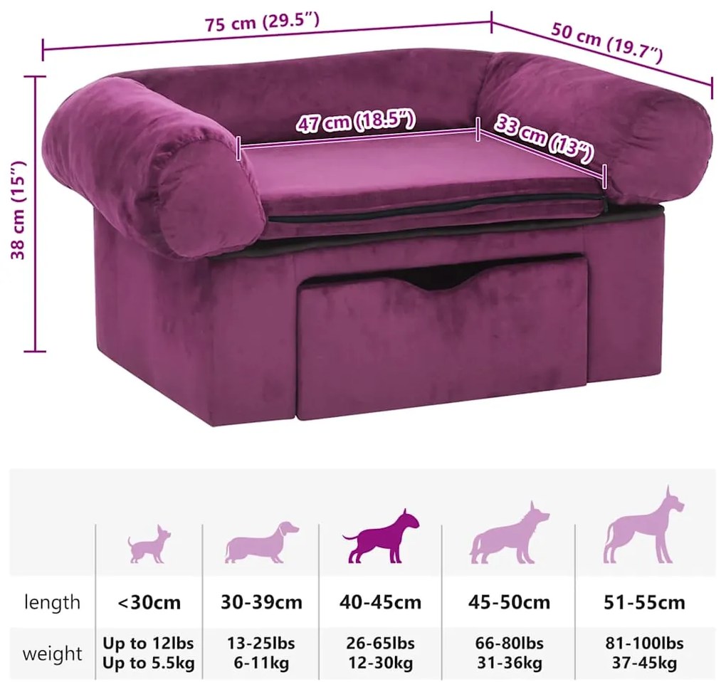 Sofá para cães com gaveta 75x50x38 cm pelúcia bordô