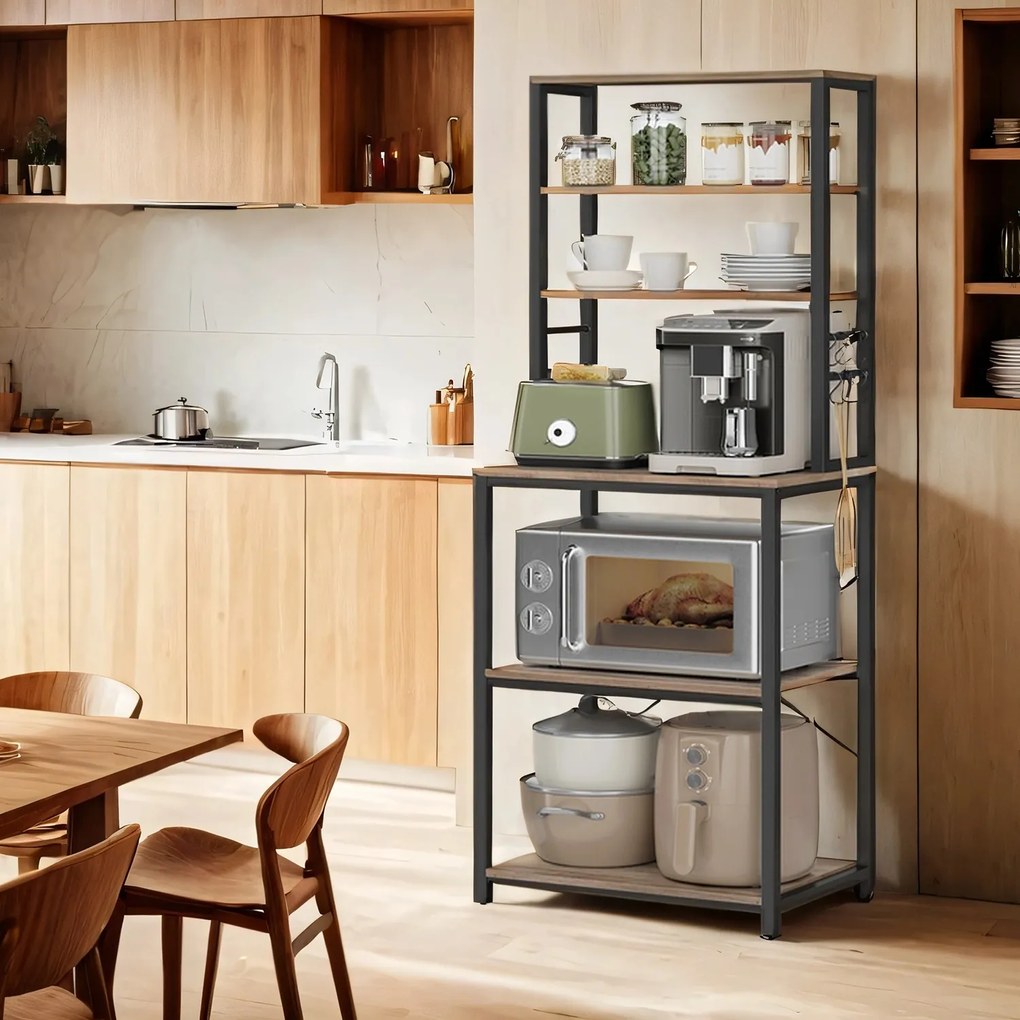 Estante de cozinha com 6 prateleiras e 6 ganchos 40 x 60 x 167 cm cinza + preto
