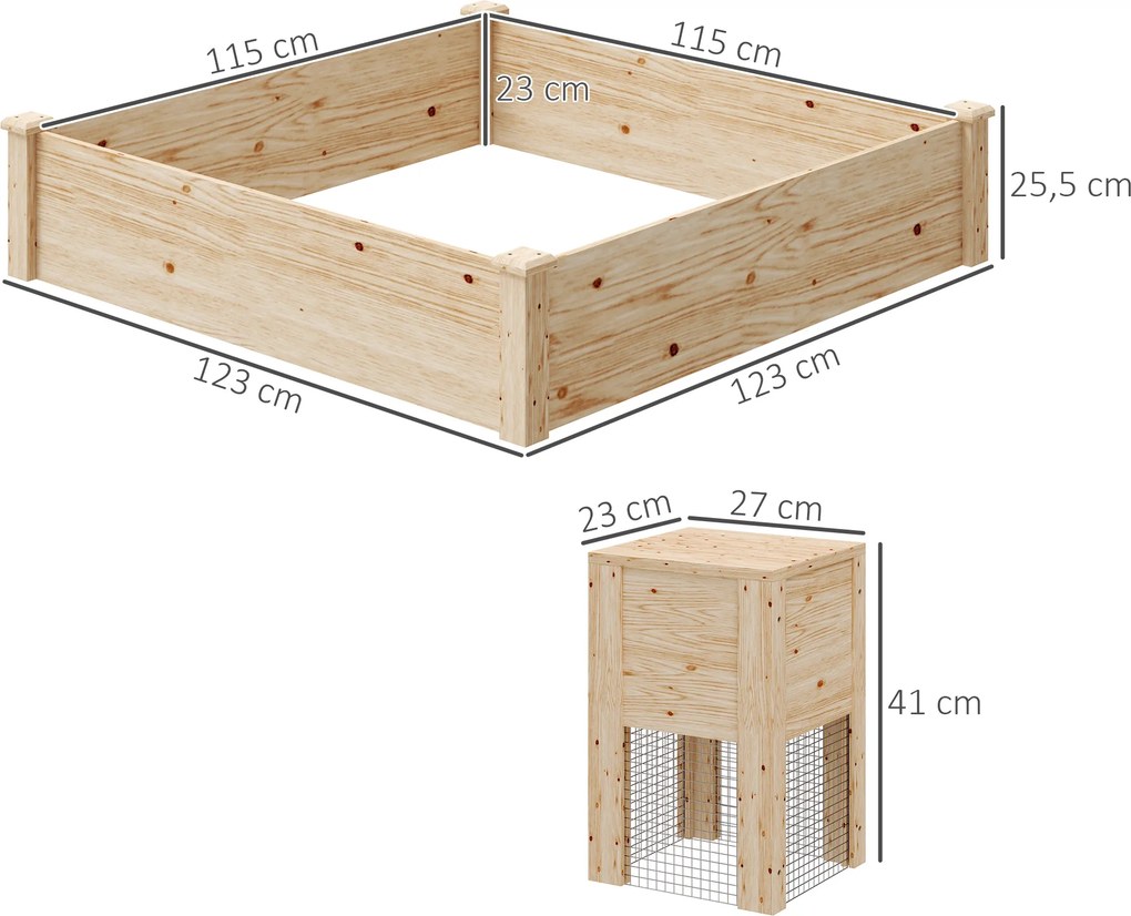 Floreira de madeira quadrada para horta exterior com caixote de compostagem de design e fundo aberto, 123 x 123 x 25,5 cm, madeira natural