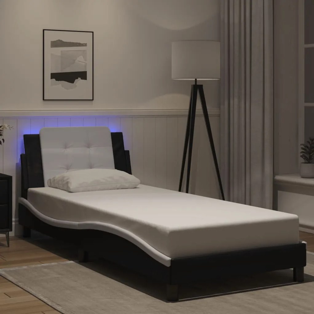 vidaXL Estrutura cama c/ luzes LED 90x190 cm couro artif. preto/branco