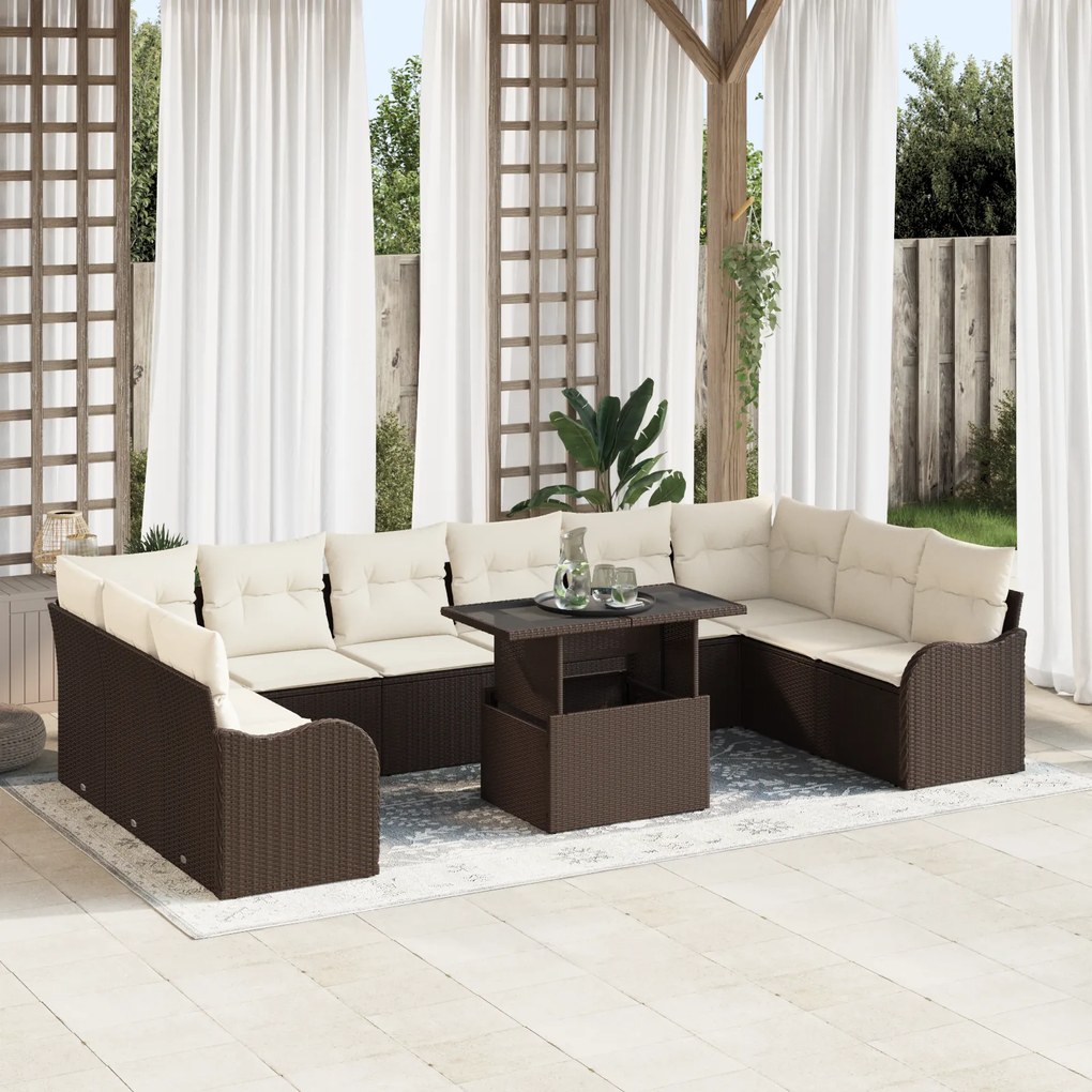 Conjunto de Sofá de Jardim de 11 peças com Almofadas Castanho Rattan P