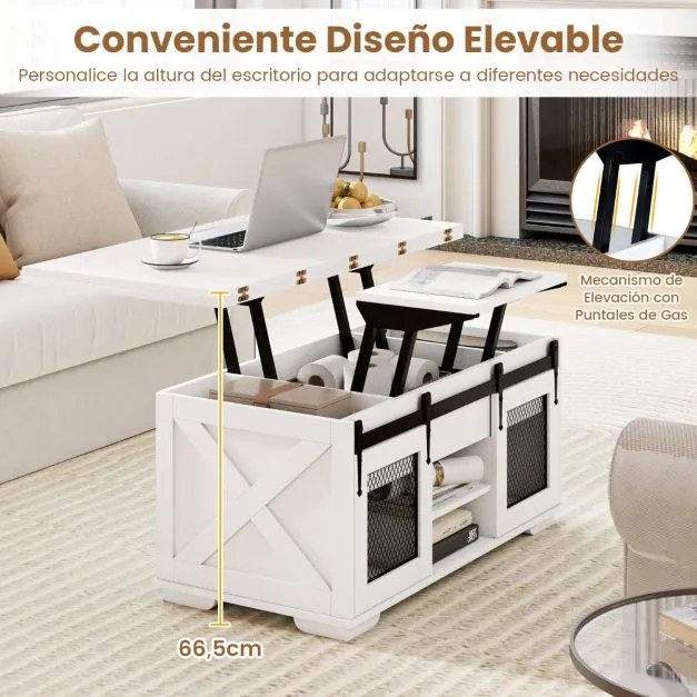 Mesa de centro 105 x 54 x 48,5 cm com tampo elevável estilo rústico, 2 portas deslizantes, 3 compartimentos ocultos, sala de estar, painel branco