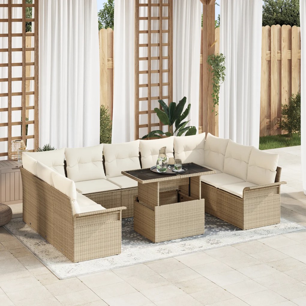 vidaXL Conjunto de Sofá de Jardim de 10 Peças com Almofadas Bege de Vime