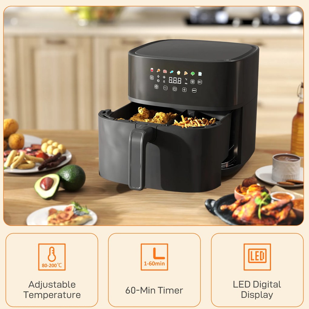 Fritadeira sem Óleo 8 L Air Fryer 1700 W com Temperatura Regulável 80-200°C 8 Programas Painel Tátil Temporizador 32,5x41x32 cm Preto