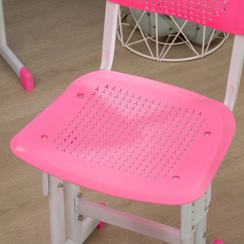 HOMCOM Conjunto de Secretária e Cadeira para Crianças de 6-12 Anos Secretária Infantil com Altura Ajustável 1 Gaveta 1 Suporte para Lápis e 1 Prateleira para Livros 60x45x90-120 cm Rosa