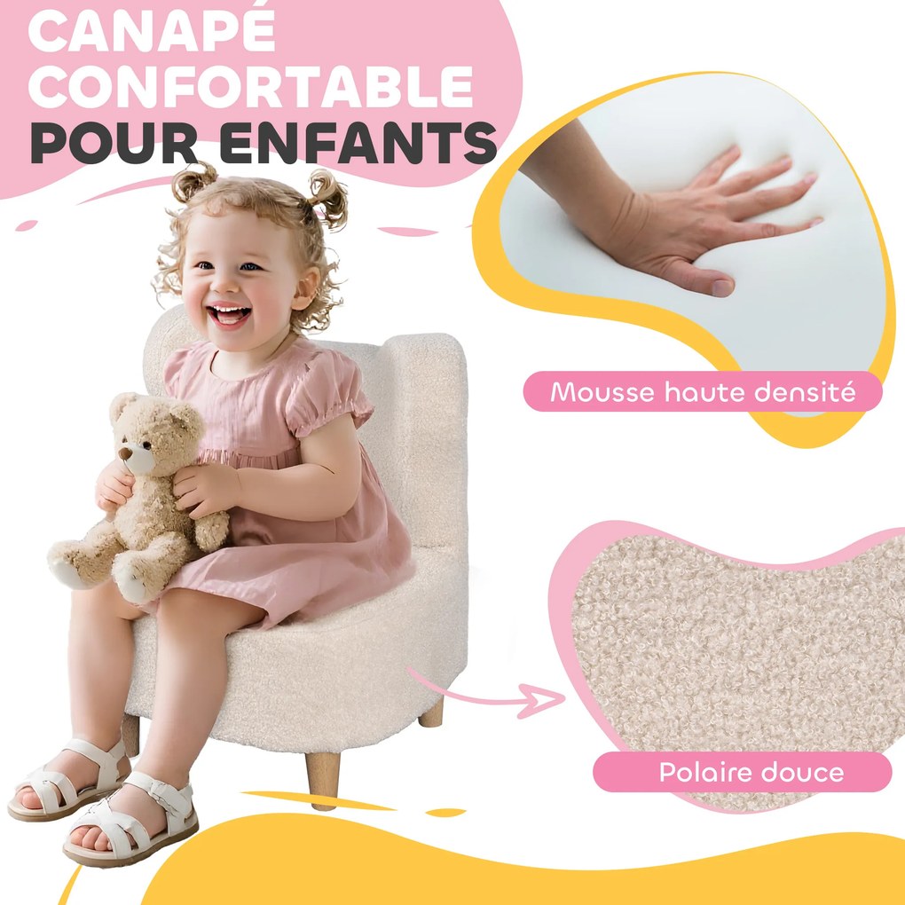 Poltrona infantil com encosto em forma de urso, tecido polar teddy, 47 x 43 x 53 cm, bege