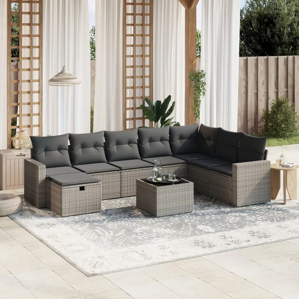 9 pcs conjunto sofás p/ jardim com almofadões vime PE cinzento