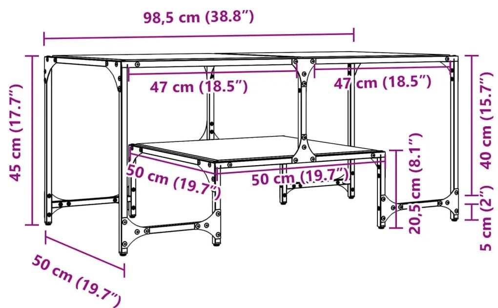 Mesa de centro c/ topo em vidro transparente 98,5x50x45 cm aço