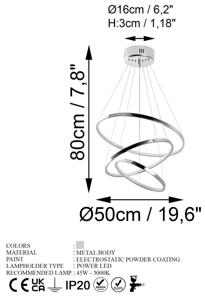 Candeeiro de Teto LED "Simit" Regulável – Cromado – 50x50x80 cm – Desi