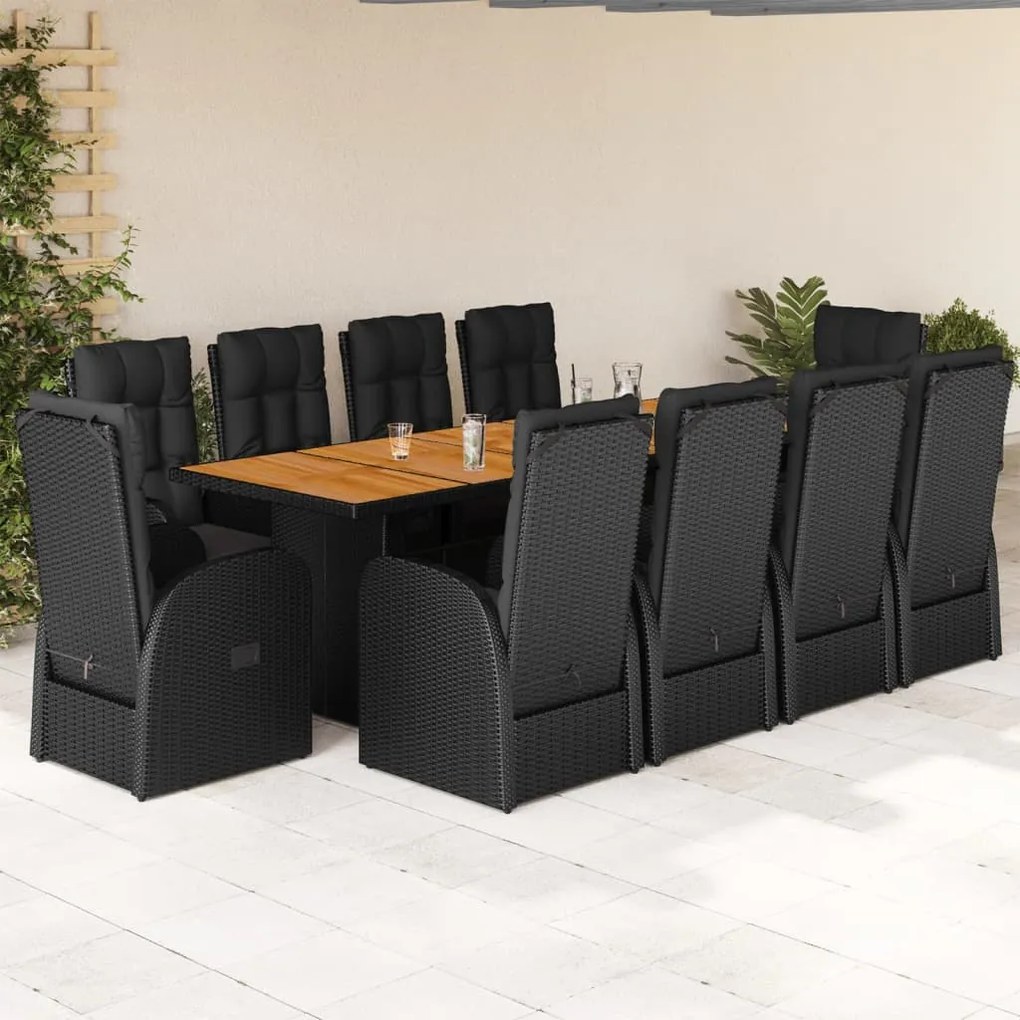 vidaXL 11 pcs conjunto de jantar p/ jardim c/ almofadões vime PE preto